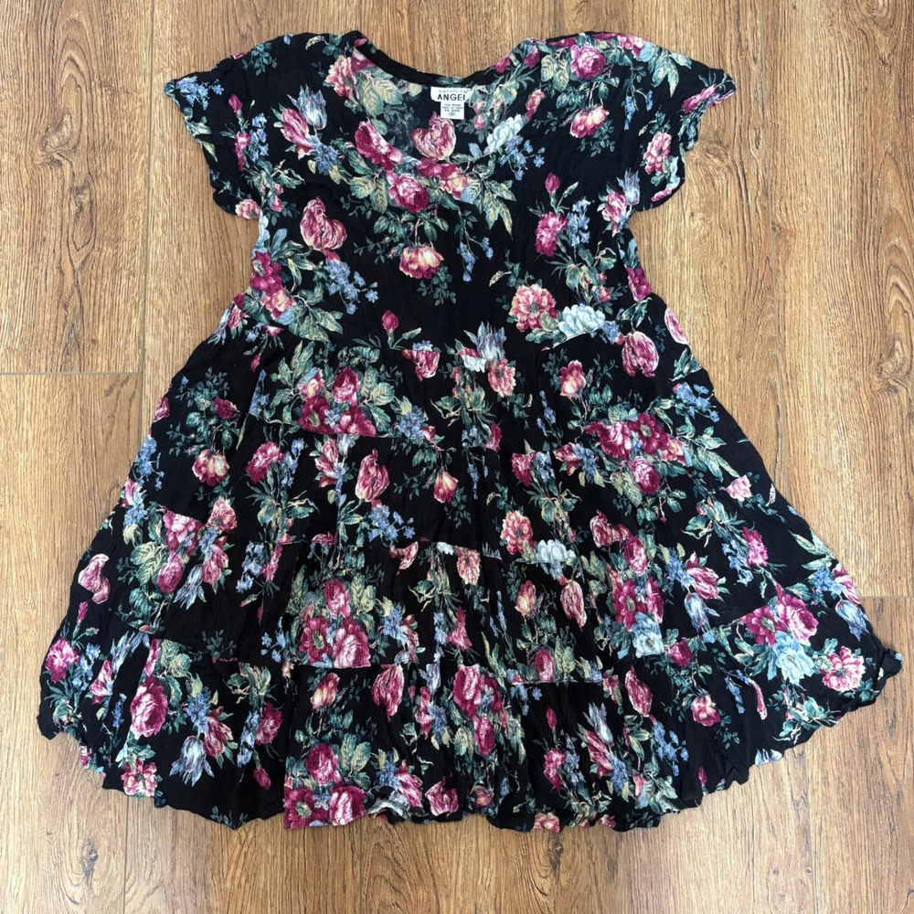 90s‎ American Angel Floral Tiered Mini Dress Black Babydoll whimsigoth sz  M